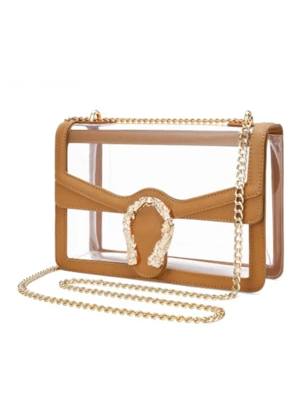Clear Crossbody Bag Stadium Approved PVC Vegan Leather Adjustable Gold Chain